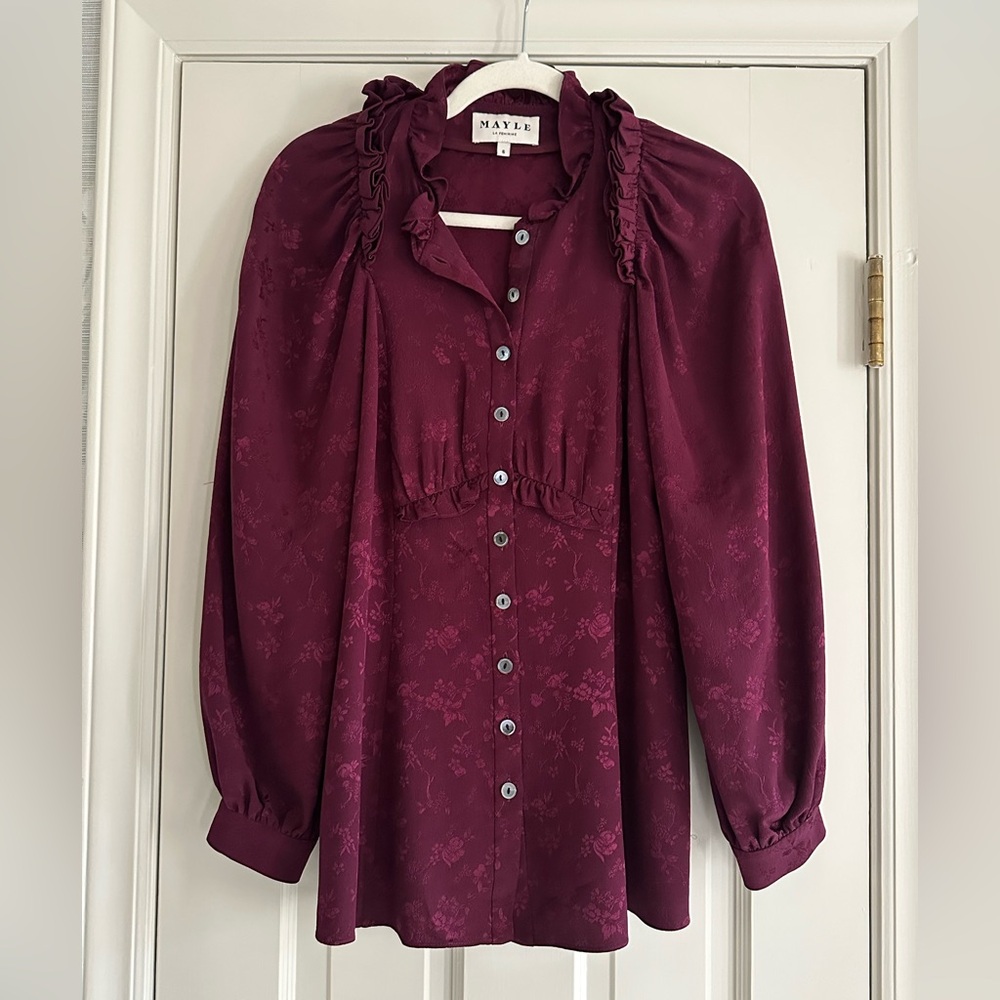 Mayle Plum Burgundy Ruffle Button-Front Blouse